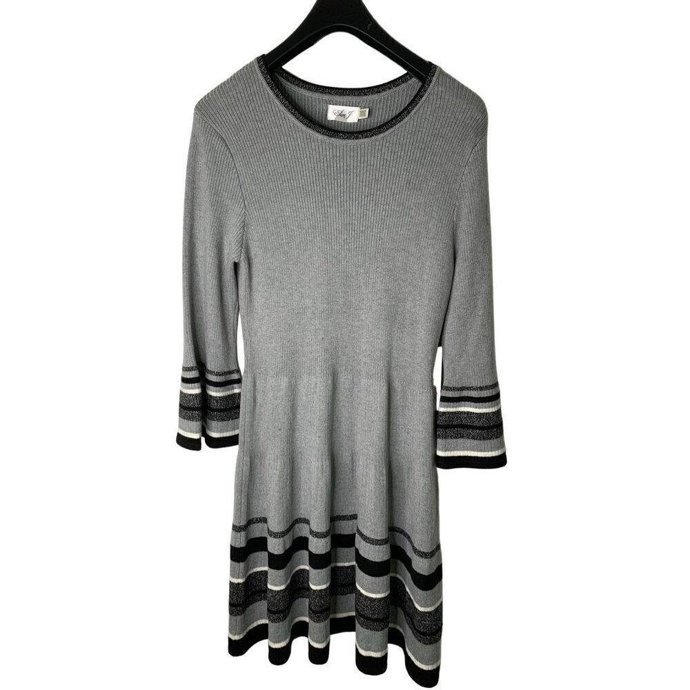 Eliza J Dress Striped Bell Sleeve Office Knit Gray Ribbed Crewneck XL NEW NWT